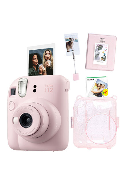 Instax Mini 12 Pembe Fotoğraf Makinesi + 20'li Film Kıskaçlı Stand PVC Albüm ve Simli Pleksi Kılıf Seti