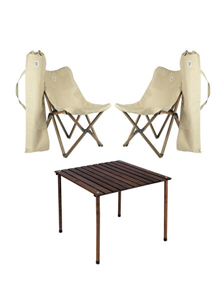 Anthracite Beige Wooden Folding Camping Table and Chair Set