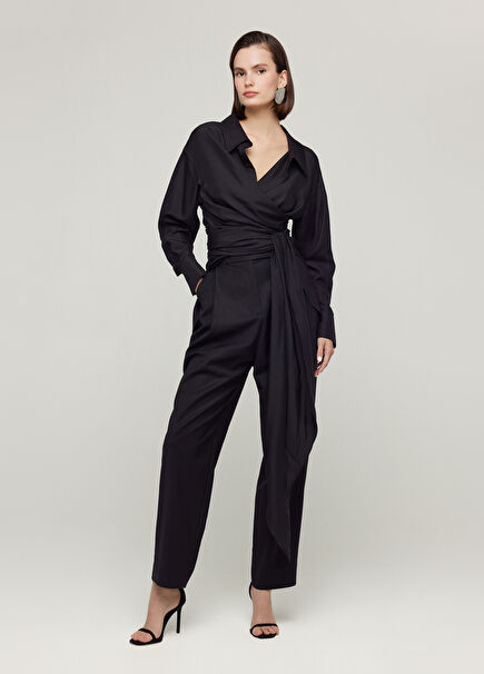 Black Pleated Narrow Leg Bridge Belt Pocket Women's Trousers