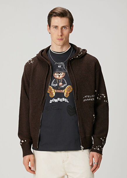 Brown Hooded Wool Knit Cardigan