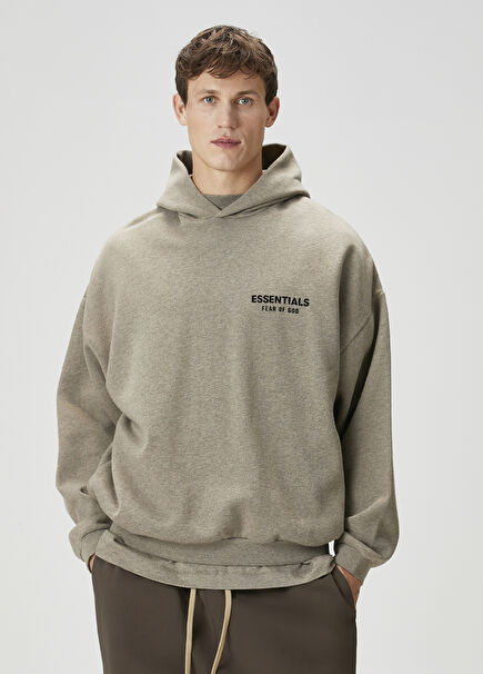 Gri Kapüşonlu Logo Baskılı Sweatshirt