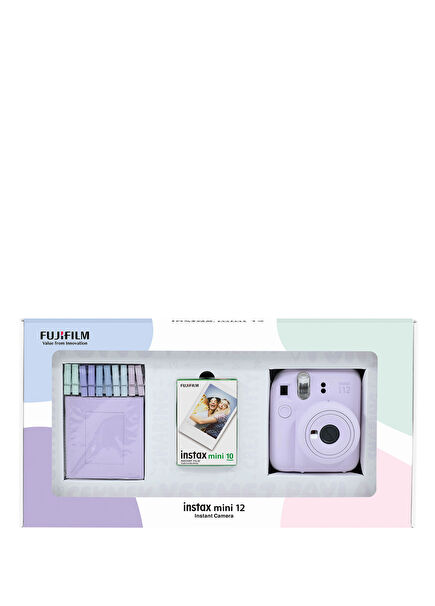 Instax Mini 12 Lila Fotoğraf Makinesi + 10'lu Film ve Mandal Bundle Box