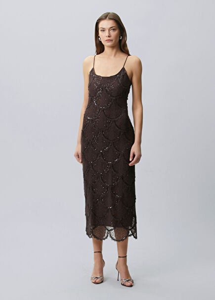 Kahverengi Payetli Midi Kokteyl Elbise