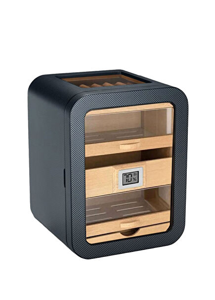 Skylight Black Carbon Pattern Glass 5 Drawers 80's Cigar Box
