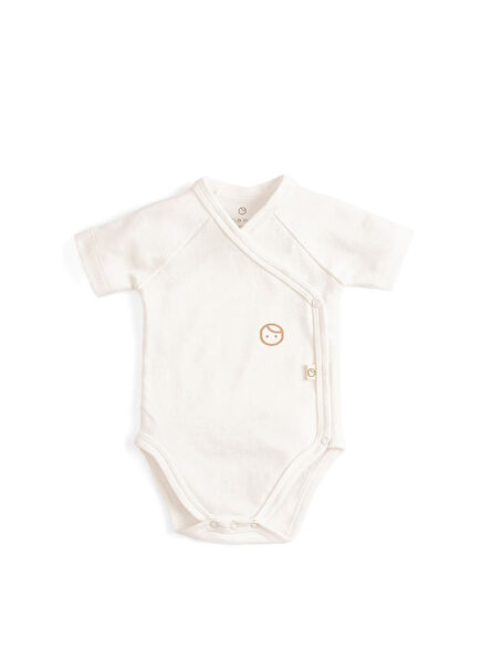 Ekru Pamuklu Kruvaze Kısa Kollu Unisex Bebek Zıbın