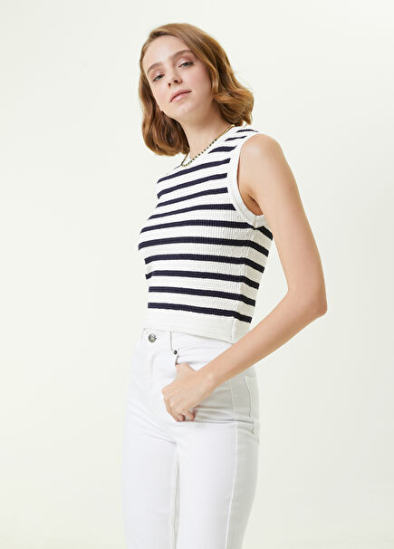 Lacivert Beyaz Bisiklet Yaka Çizgili Crop Atlet