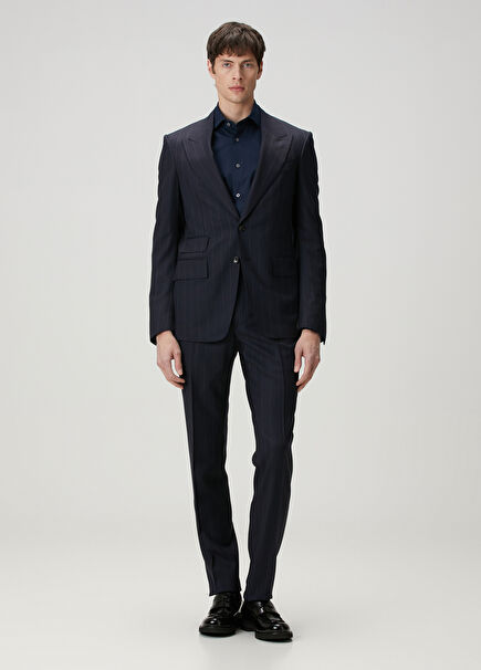 Navy Blue Stripe Patterned Wool Suit