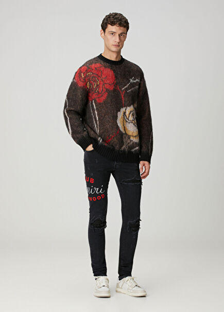 Siyah Yıpratma Detaylı Patchli Jean Pantolon