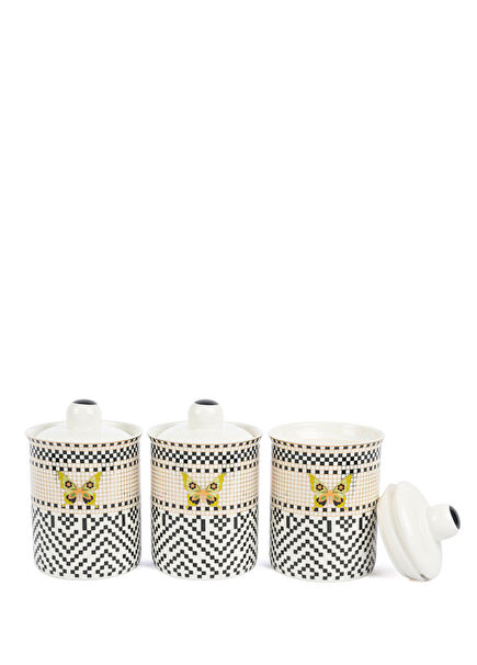 Monarch Siyah Beyaz Porselen 3'lü Kavanoz Seti