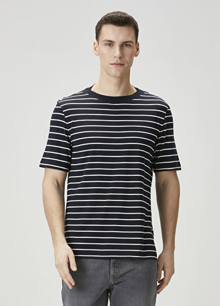 Navy Blue White Stripe Patterned Silk T-Shirt