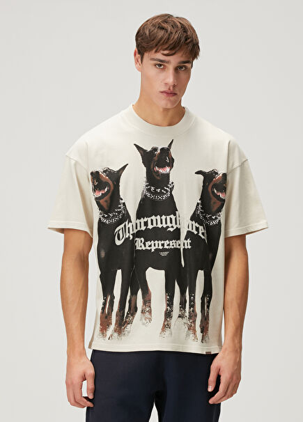 Ecru Figure Printed Logo Detailed T-Shirt