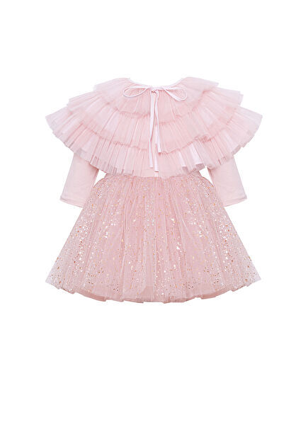 Pembe Varak Detaylı Pelerinli Tütülü Kız Çocuk Elbise