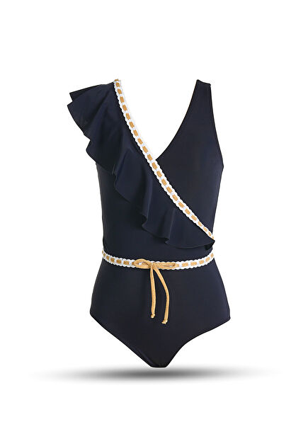 Black Stripe and Belt Detailed V-Neck Girls' Swimsuit