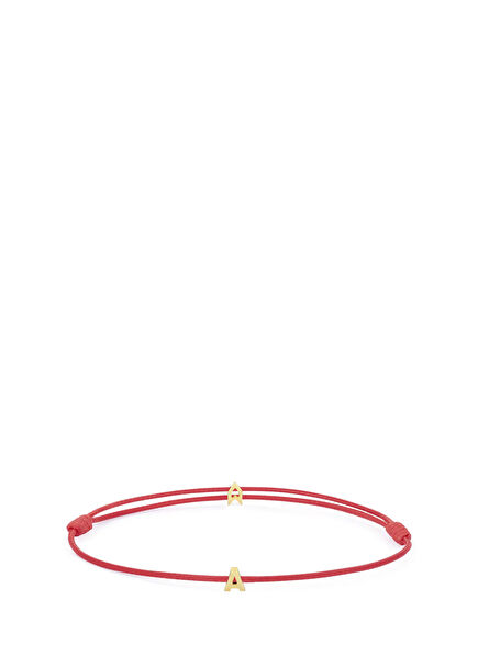 Şans Kırmızı İp A Harfli 925 Ayar Gümüş 18 Ayar Altın Kaplama Kadın Bileklik