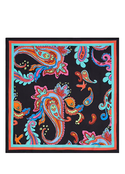 Black Shawl Patterned 90x90 cm Women's Silk Scarf