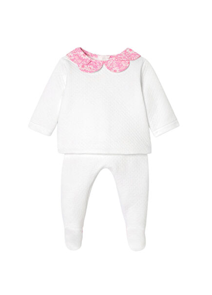Beyaz Çift Kat Jarse Bluz ve Pantolon Kız Bebek 2'li Set