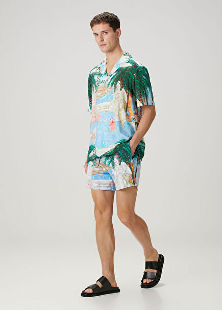 Çok Renkli Beli Kordonlu Manzara Baskılı Mayo