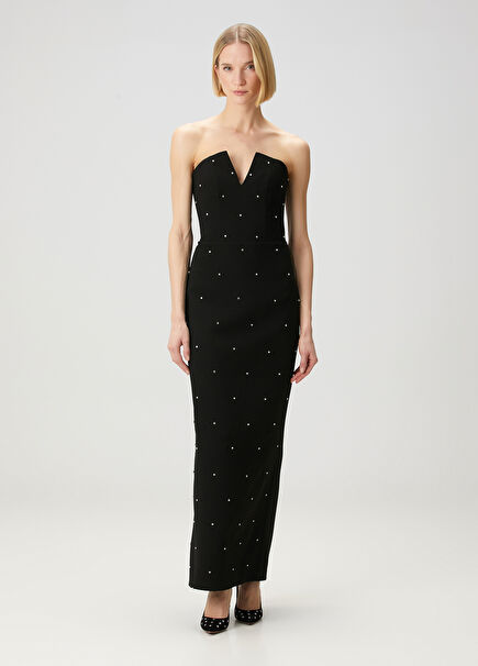 Black Embellished Maxi Crepe Evening Dress