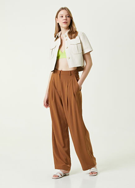 Kahverengi Çift Pilili Krep Palazzo Pantolon