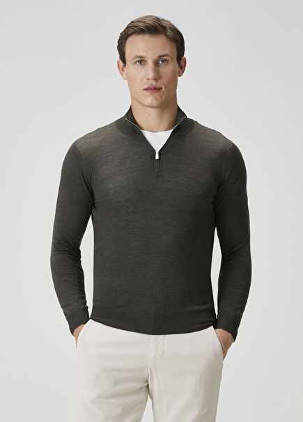 Green Collar Zipper Wool Sweater