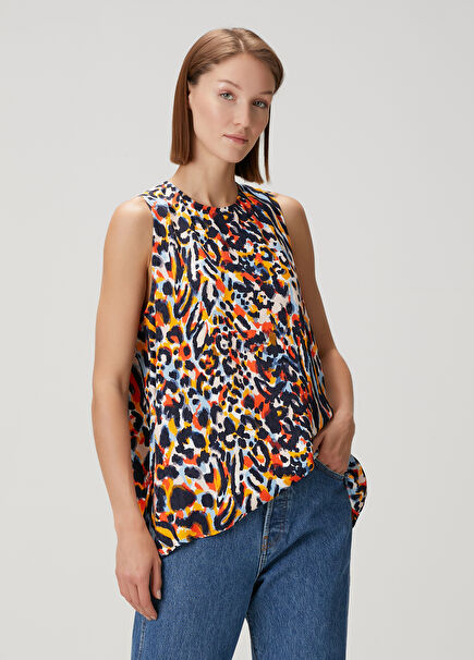 Lacivert Sarı Leopar Desenli Bol Kesim Bluz