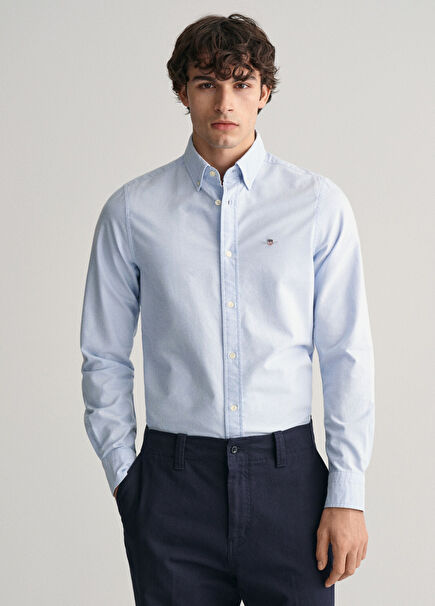 Mavi Slim Fit Düğmeli Yaka Uzun Kollu Erkek Gömlek