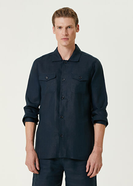 Navy Blue Linen Shirt