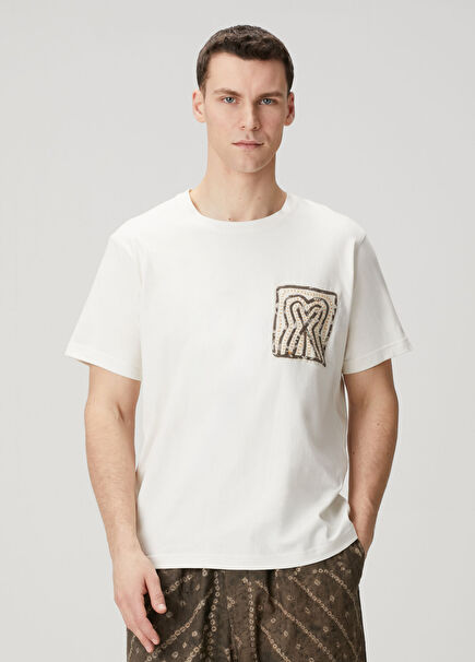 Krem Batik Desen Nakışlı T-shirt