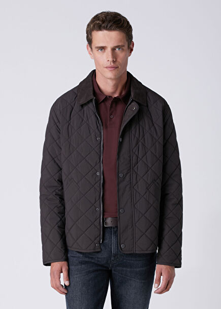 Brown Collar Velvet Diamond Quilted Coat