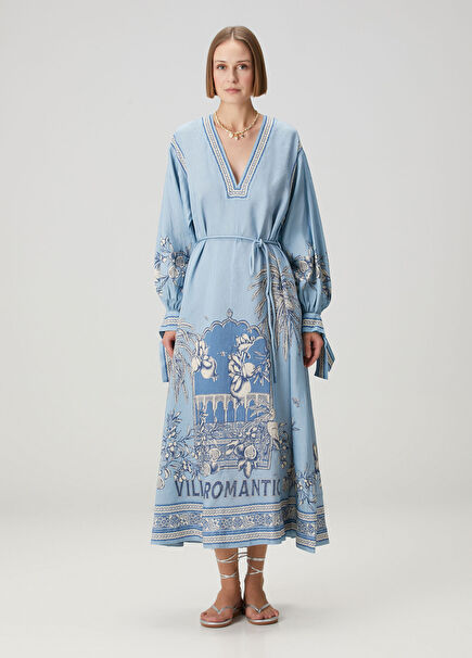Villa Romantica Holiday Mavi Midi Keten Elbise