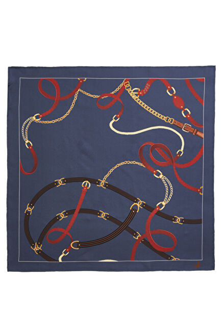Navy Blue Chain Patterned Women's Silk Scarf