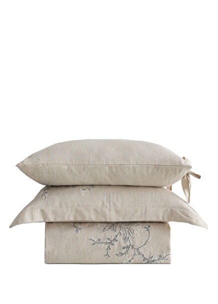 Libera Cream Gray Embroidered Organic Cotton Linen Suzene Oversized Duvet Cover Set 240 x 220 cm