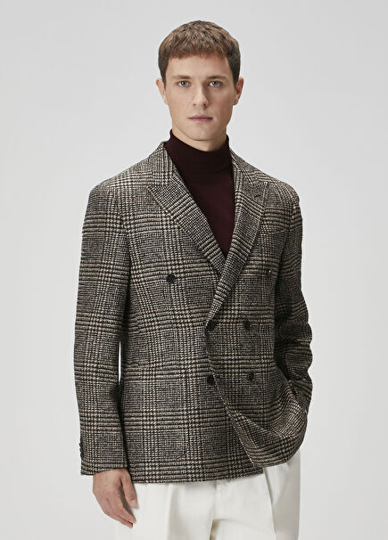 Drop 7 Kahverengi Ekose Desenli Yün Kruvaze Ceket