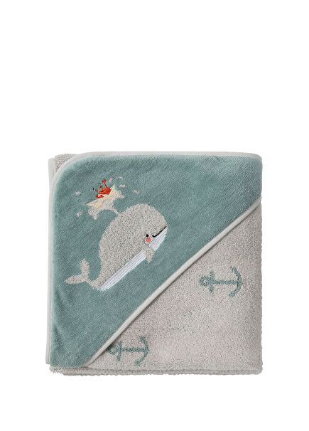 Aqua Whale Patterned Embroidered 100% Organic Cotton Children's Velour Towel 80 x 80 cm