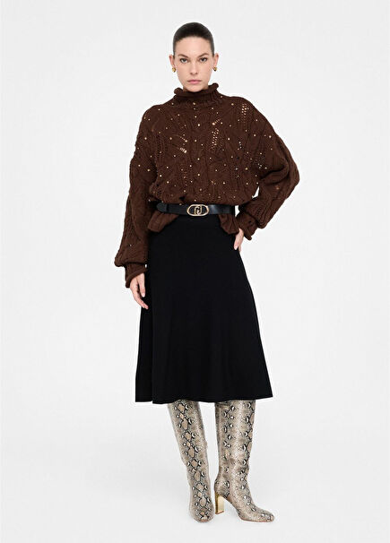 Siyah Kadın Midi Boy Triko Etek