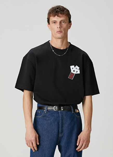 Siyah Kart Baskılı T-shirt