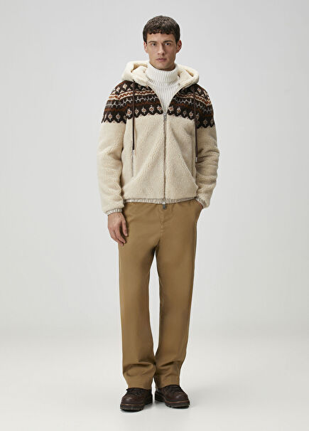 Beige Hooded Ethnic Pattern Jacquard Sweatshirt