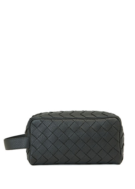 Black Knitting Textured Leather Shaving Bag