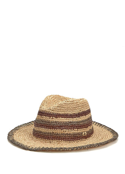 Bej Çizgi Detaylı Kadın Hasır Şapka