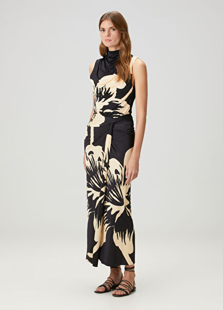 Ekru Siyah Çiçekli Maksi Etek