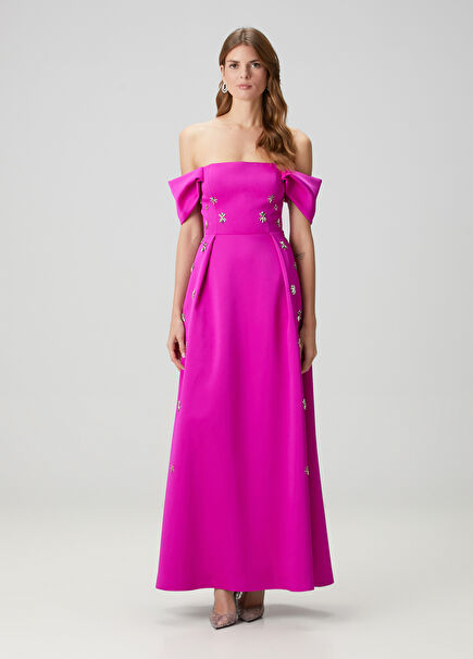 Fuchsia Open Shoulder Detailed Embroidered Women's Long Evening Dress