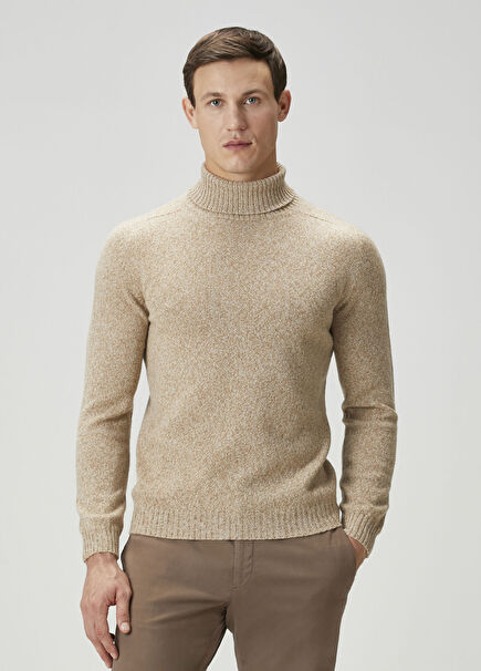 Bej Balıkçı Yaka Yün Kazak