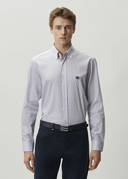 Blue White Stripe Patterned Shirt
