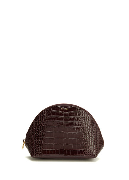 Burgundy Crocodile Textured Leather Makeup Bag