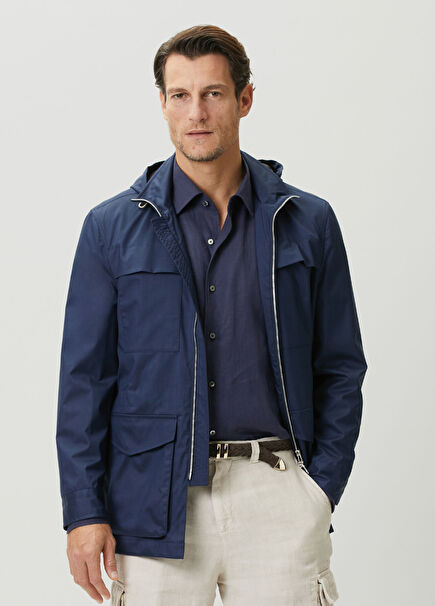 Dark Blue Hooded Wool Coat