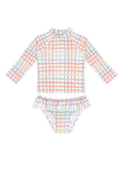 Rainbow Gingham UV Protection Long Sleeve Baby Girl Swimsuit Set
