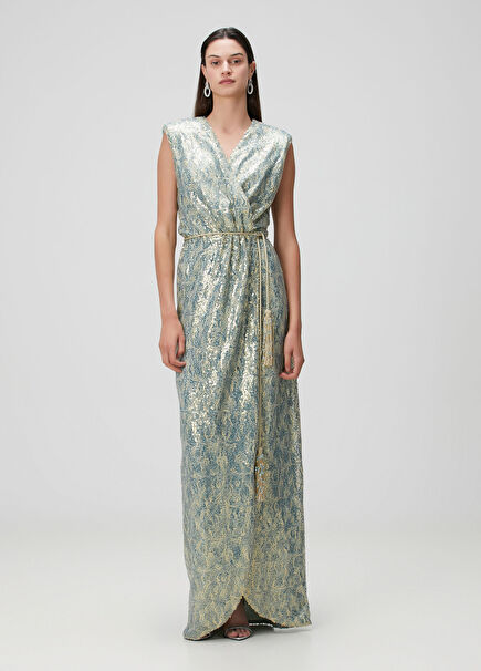 Mavi Payetli Maksi Abiye Elbise