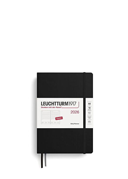 Siyah Orta Boy A5 Sert Kapak İngilizce Çizgili 2026 12 Aylık Günlük Ajanda ve Not Defteri 372772 