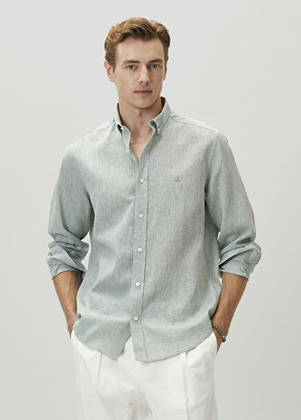 Comfort Fit Su Yeşili Keten Gömlek