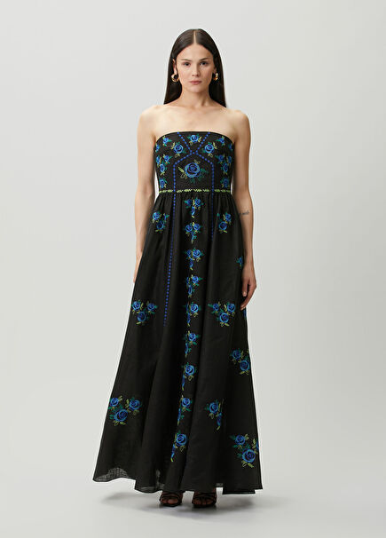 Black Embroidered Maxi Linen Dress
